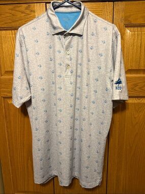 johnnie-O Light Gray Polo with Blue Micro Motif-size Med- Embroidered on Sleeve